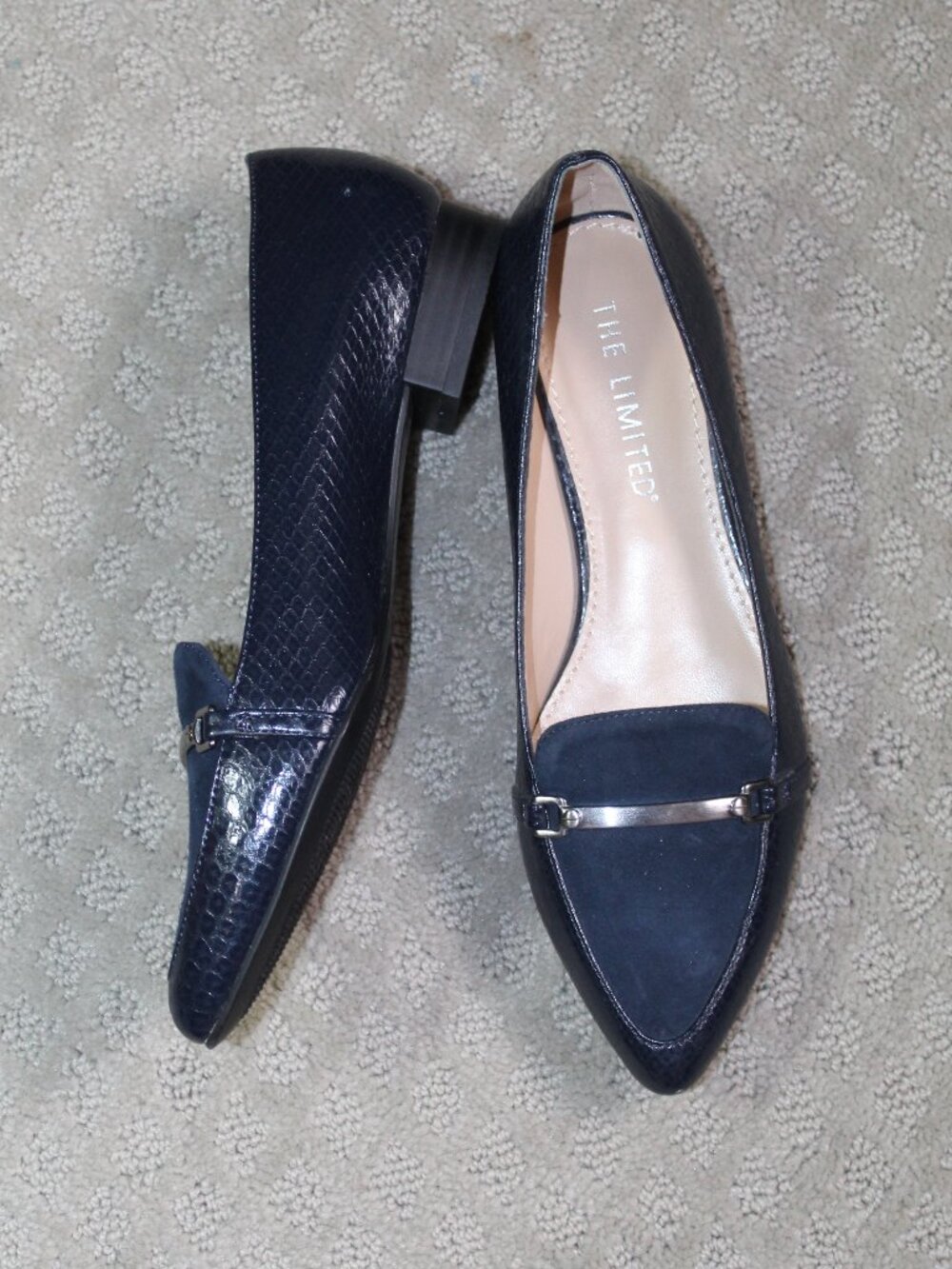 The Limited Size 6.5M Solid Navy Blue Snakeskin Pattern Pointed Toe Flats